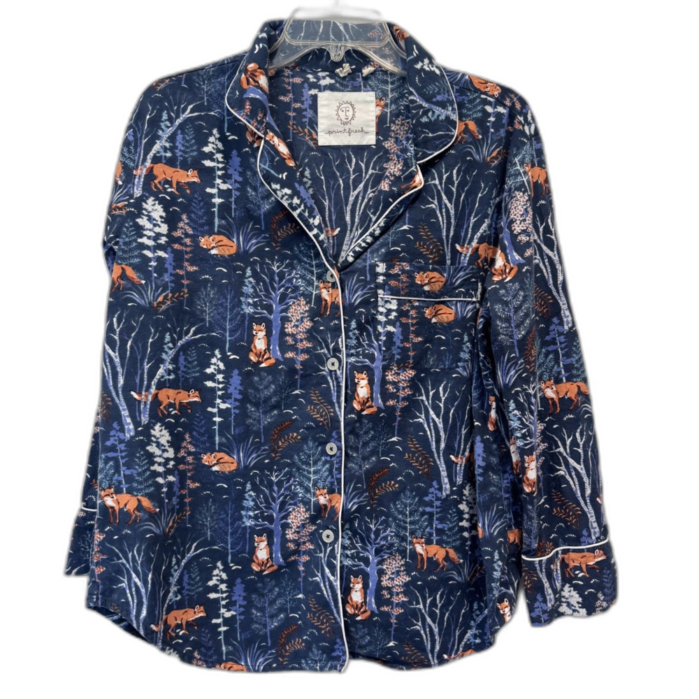 Printfresh Fox & Folklore Pajama Top Navy Blue Flannel Organic Cotton Women sz S